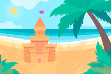 Obraz premium Sandcastle on Seashore. Time to travel. Summer Vacation. Beach rest. Parasol. Children summer games and activities.