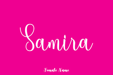 Samira -Female Name Brush Calligraphy White Color Text On Pink Background