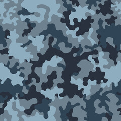 Military blue camouflage, War texture repeats, seamless background. Camo pattern for army clothing. Blue and gray color camouflage, fabric hunting.