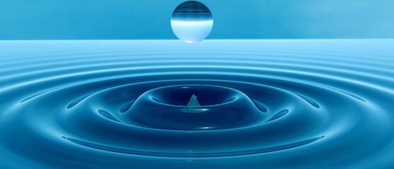 3d illustration. Blue sphere above the clear water surface.