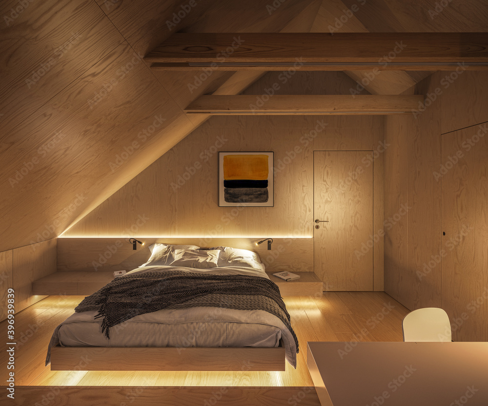 Wall mural interior of a modern plywood bedroom at night showcase