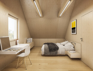 Interior of a modern plywood bedroom with dressing.table showcase
