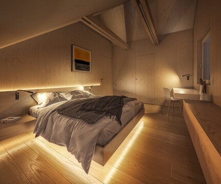 Interior of a modern plywood bedroom at night showcase