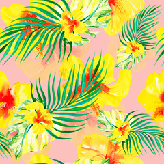 Fototapeta na wymiar Watercolor hibiscus flowers and palm leaves floral seamless pattern. Summer print on pink background.