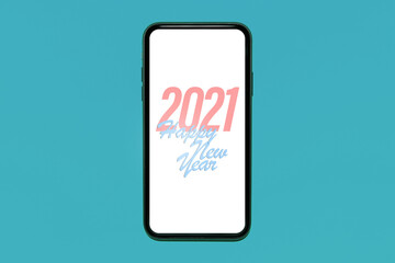 Text of Happy new year 2021 on white screen of smartphone, isolated on pastel blue background. Resolution concept; new start.