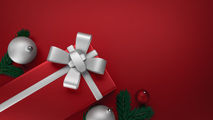 New year elegant red gift box with a white ribbon,  red flat background. 3D Render. Top View Cristmas Gift Box and balls decorated with the composition. Banner, poster, Invite card. Happy New Year