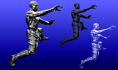 Ancient Shoalin monk warrior statues in a woodcut style, contains highlight and shadow versions