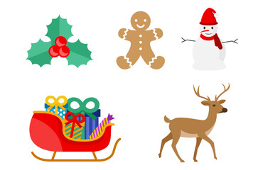 Various characters in celebration of Christmas day. Snowman, reindeer and others