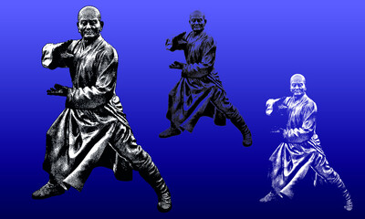 Ancient Shoalin monk warrior statues in a woodcut style, contains highlight and shadow versions
