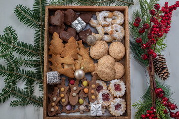 Traditional home made German Christmas Cookies on a festive table