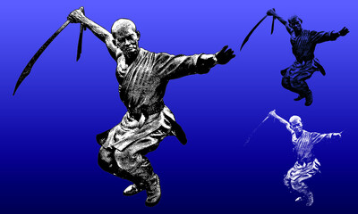 Fototapeta na wymiar Ancient Shoalin monk warrior statues in a woodcut style, contains highlight and shadow versions