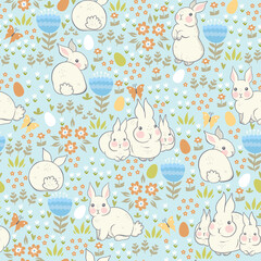 Seamless pattern with rabbits and eggs. Vector graphics.