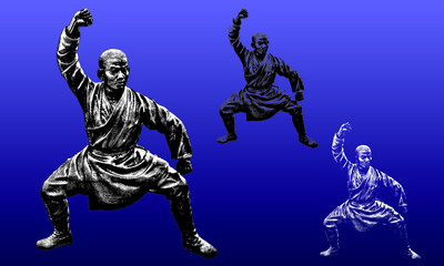 Ancient Shoalin monk warrior statues in a woodcut style, contains highlight and shadow versions