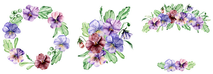 Fototapeta na wymiar Wreaths set with flowers pansies, violence, watercolor drawing. Floral frame isolated on white background. 