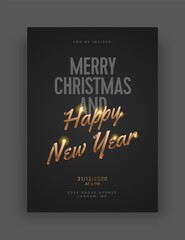 Happy New Year and Merry Christmas layout template. Vector illustration with gold lettering for flyer, banner and invitation card.