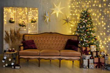 Fototapeta na wymiar Christmas background - living room with Christmas tree, vintage sofa, festive garland led lights and wrapped gift boxes