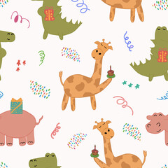 Fototapeta na wymiar Seamless pattern with crocodile, giraffe and hippopotamus. Creative children's texture. Great for fabric, textile vector illustratio