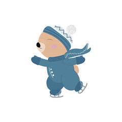 Vector illustration of a cartoon Teddy bear on skates in a hat and overalls. Christmas cartoon character illustration