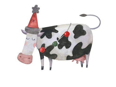recommend clip art: Cute cow bull watercolor hand drawn illustration for christmas party and new years eve. 2021 ox symbol winter decor with cap and bunting flags garland clip art.