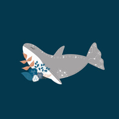 Vector illustration of a Dolphin. Cartoon Dolphin in flowers and stars