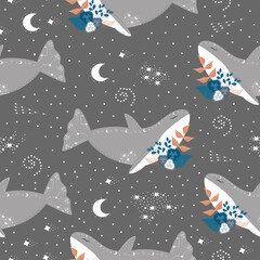 Dolphins in the cosmic sky with stars on a gray background, vector illustration seamless pattern
