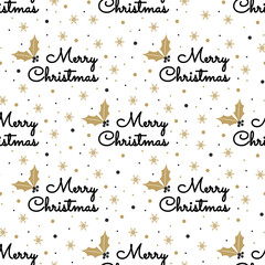 Merry Christmas lettering. New Year seamless pattern. Design for postcard, invitation, greeting card, poster, textile. Vector illustration.