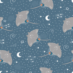 Vector illustration of an electric fish Stingray on a blue background with the Moon and stars.