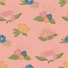 Fashionable seamless flower pattern of flowers on pink background. Fabric design with dec.orative flowers. Vector cute repeating pattern for baby fabric, Wallpaper or wrapping paper