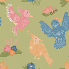 Cute vector seamless pattern. Colorful Botanical elements-flowers, birds, leaves-isolated on a green background.Texture for wrapping paper, textiles