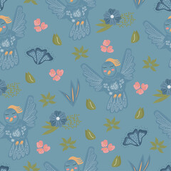 Blue birds, floral seamless pattern.blue cartoon birds on a blue background Vector illustration.