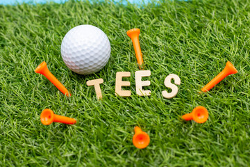 Golf ball with tee are on green grass