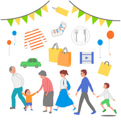 家族でショッピングセンターやイベント・フェアに出かけるベクターイラストセット