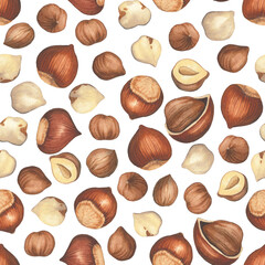 Watercolor seamless pattern of opened and closed hazelnuts.