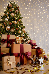 decorated christmas tree and gift boxes with stars and confettti