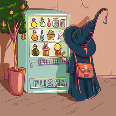 a school girl witch buys a potion from a vending machine. cute illustration of a magical school. fast food