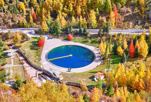 Reservoir for water purification in the mountains in the autumn season