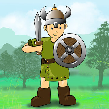 ni&ntilde;o vikingo guerrero con yelmo espada y escudo