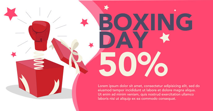 Sales banner at boxing day. Boxing glove coming out of gift box