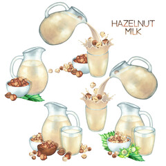 Watercolor collection of plant based milk in the glass jugs and cups decorated with hazelnuts.