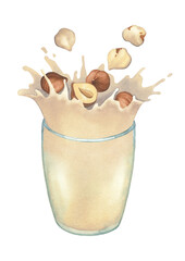 Watercolor plant based milk splashing out of the glass decorated with the hazelnuts