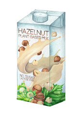 Watercolor carton of hazelnut milk isolated on the white background