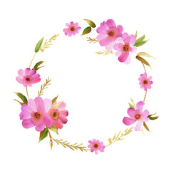 Fototapeta na wymiar Circle frame with pink watercolor flowers. For design of invitations, greeting cards
