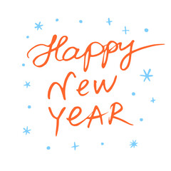 Hand written red orange calligraphic inscription Happy New Year with snowflakes on white background. Lettering, title, design element for greeting card, invitation, postcard. Vector illustration