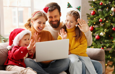 happy family makes a video call on Christmas holiday.