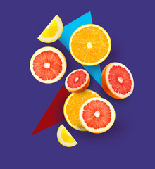 Photo macro set of bright fruits oranges and grapefruit