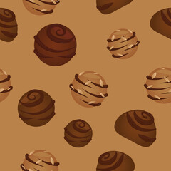 chocolate candies, vector seamless pattern on beige background, sweets