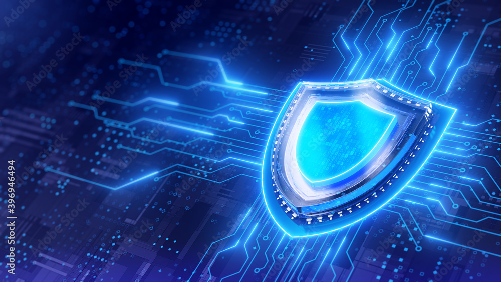 Poster Shield. Protect and Security concept. Digital Shield on abstract technology background. 3d rendering