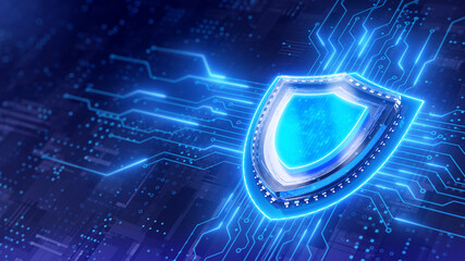 Shield. Protect and Security concept. Digital Shield on abstract technology background. 3d rendering - obrazy, fototapety, plakaty
