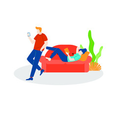 break time holiday lying on the sofa and playing on the phone illustration flat design