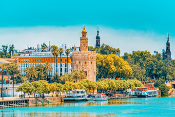 View on downtown of Seville and Guadalquivir River Promenade.